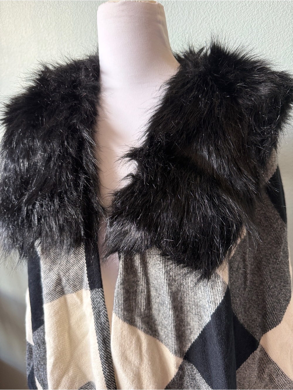J. Crew Black and Gray Plaid Faux-Fur Collar Poncho - Picture 4 of 8